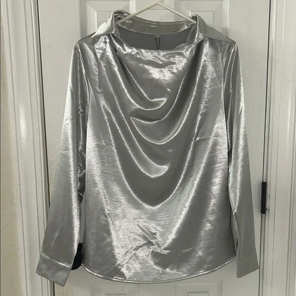 Silver Satin Women's Blouse with Draped Neckline NWT - Picture 2 of 9